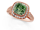 Rose gold Fancy Green Cushion  Halo Milgrain Solitaire with Bezel Set Side Stones and Pave Band_33