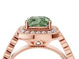 Rose gold Fancy Green Cushion  Halo Milgrain Solitaire with Bezel Set Side Stones and Pave Band_36