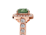 Rose gold Fancy Green Cushion  Halo Milgrain Solitaire with Bezel Set Side Stones and Pave Band_37