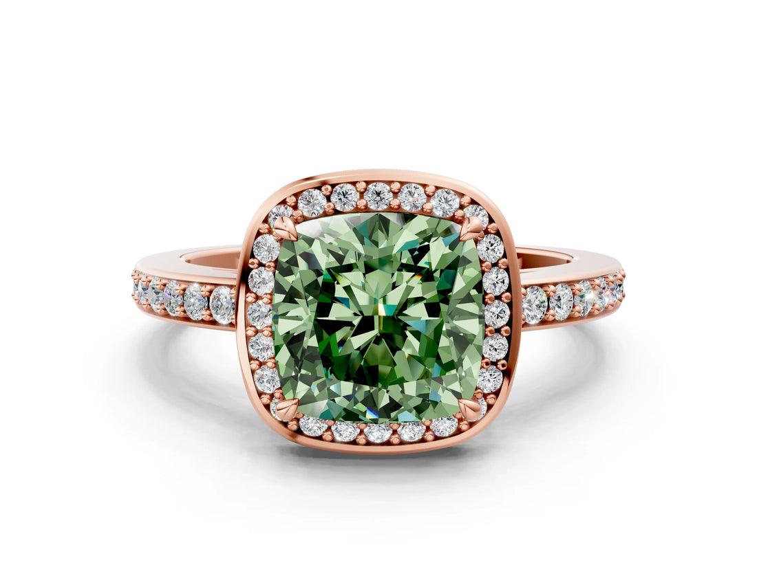 Rose gold Fancy Green Cushion  Halo Pave Band Solitaire Ring with Prong Setting_66