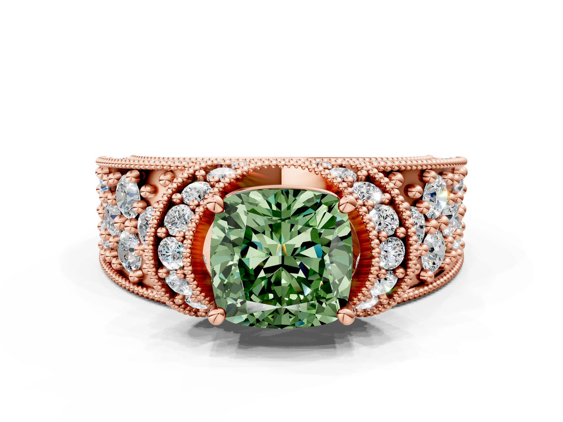 Rose gold Fancy Green Cushion  Halo Pave Diamond Engagement Ring with Milgrain Detailing_49