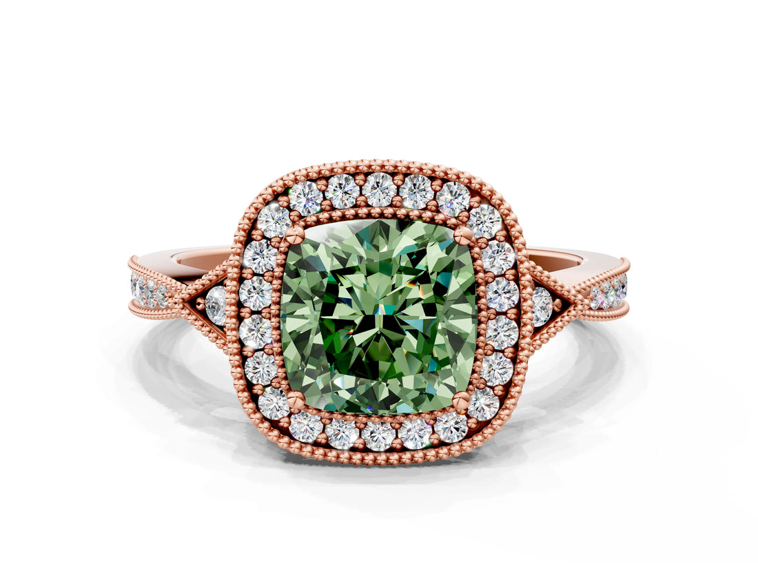 Rose gold Fancy Green Cushion  Halo Round Diamond Milgrain Pave Engagement Ring_3