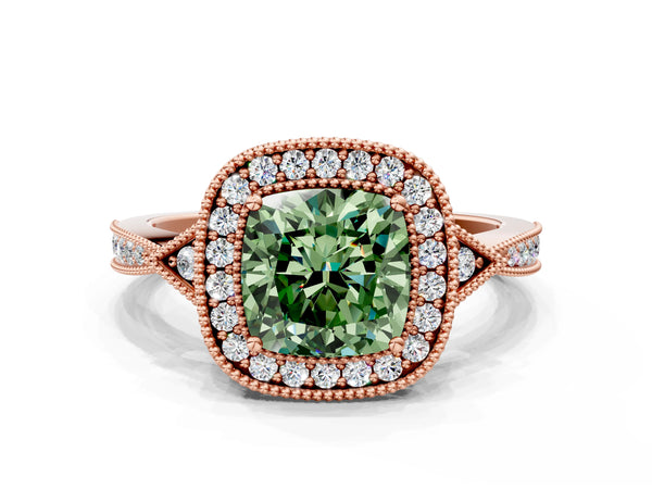 Rose gold Fancy Green Cushion  Halo Round Diamond Milgrain Pave Engagement Ring