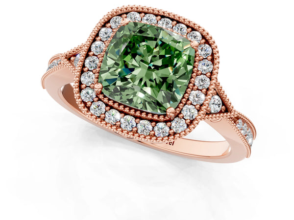 Rose gold Fancy Green Cushion  Halo Round Diamond Milgrain Pave Engagement Ring
