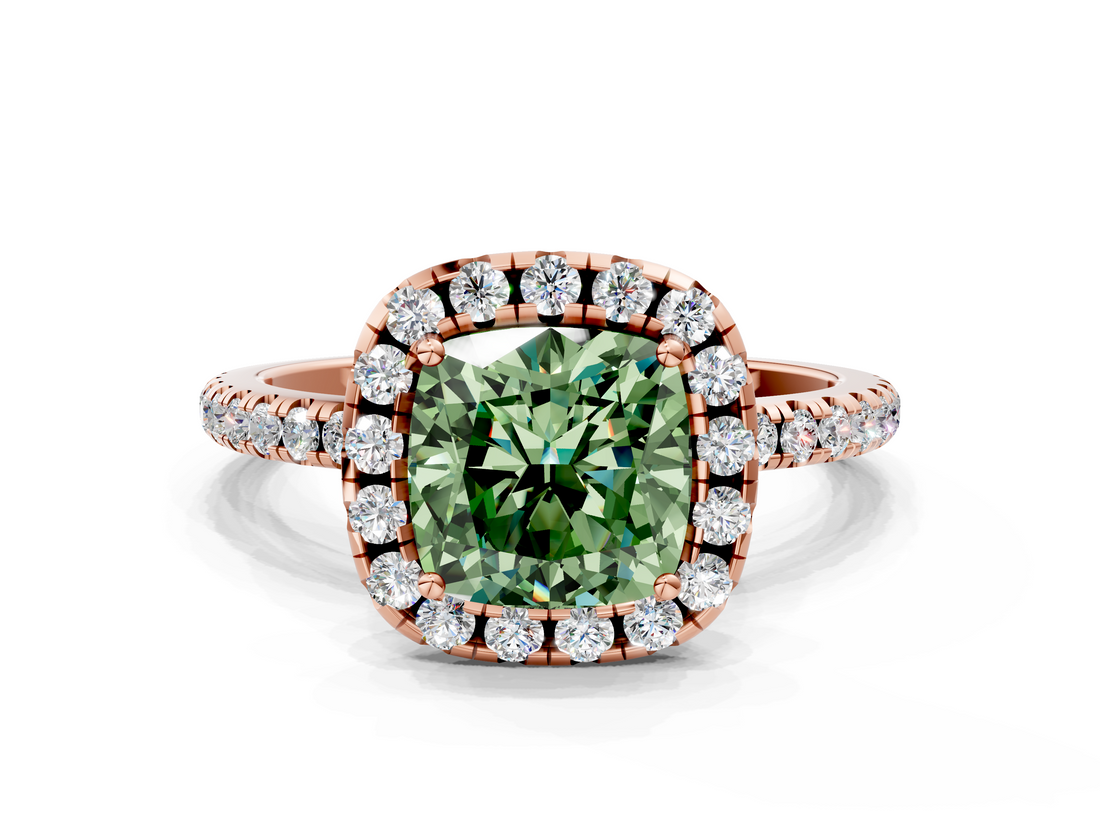 Rose gold Fancy Green Cushion  Halo Round Diamond Pavé Band Four-Prong Ring_3