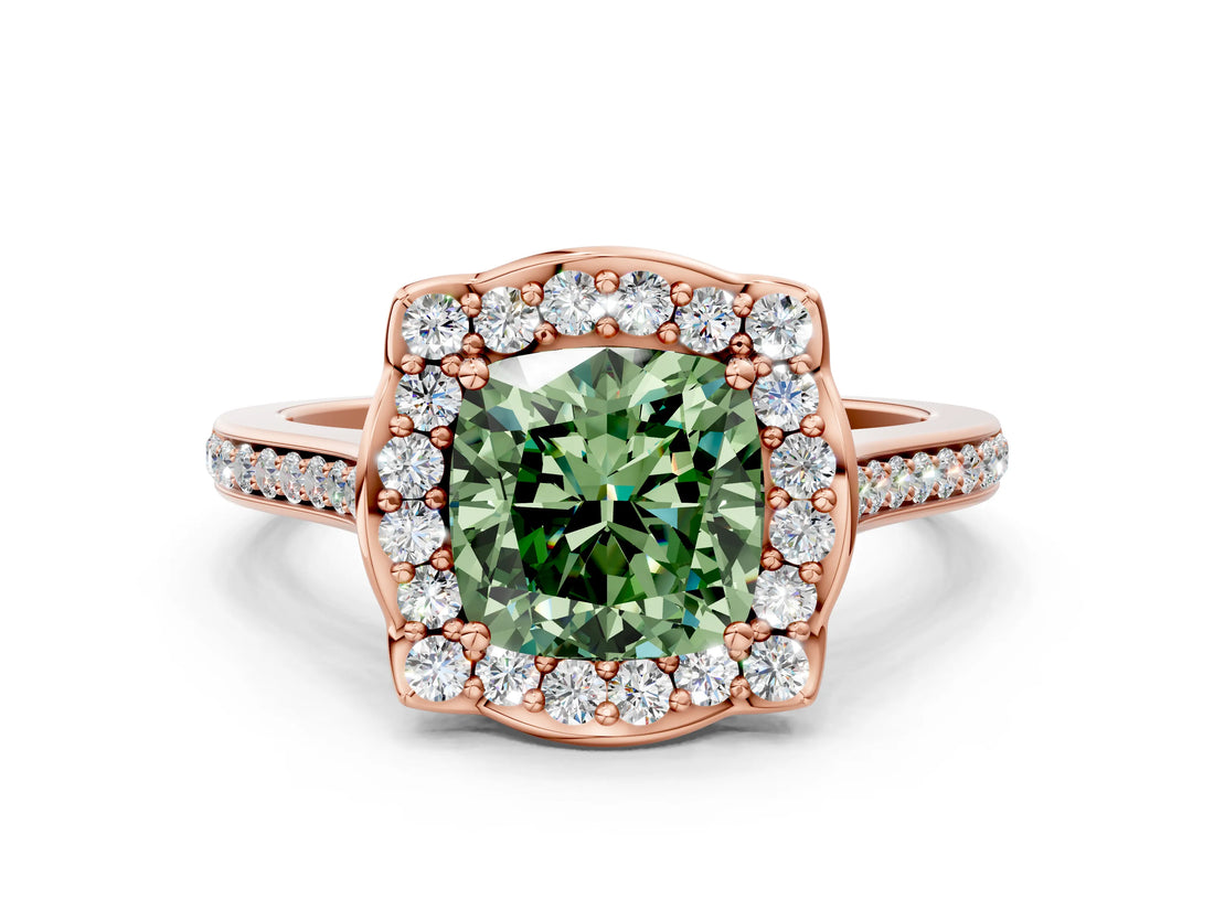 Rose gold Fancy Green Cushion  Halo Round Diamond Pave Band with Four-Prong Setting_37