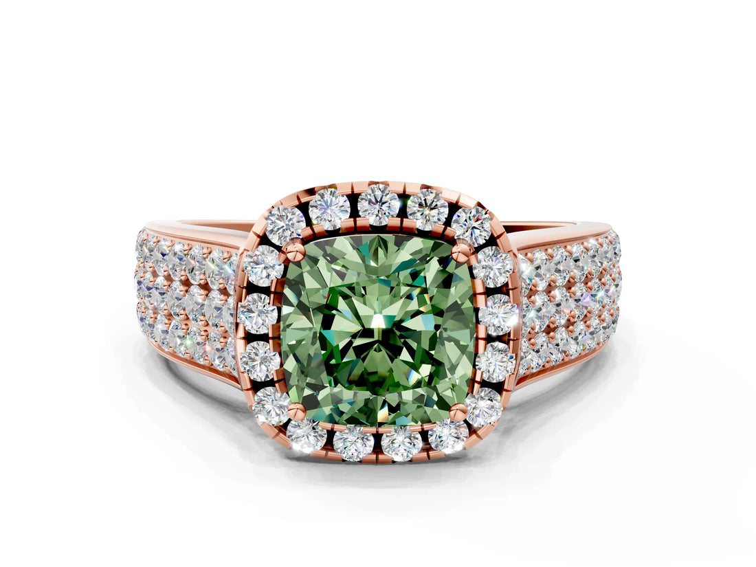 Rose gold Fancy Green Cushion  Halo Round Diamond Pave Band with Prong Setting 1
