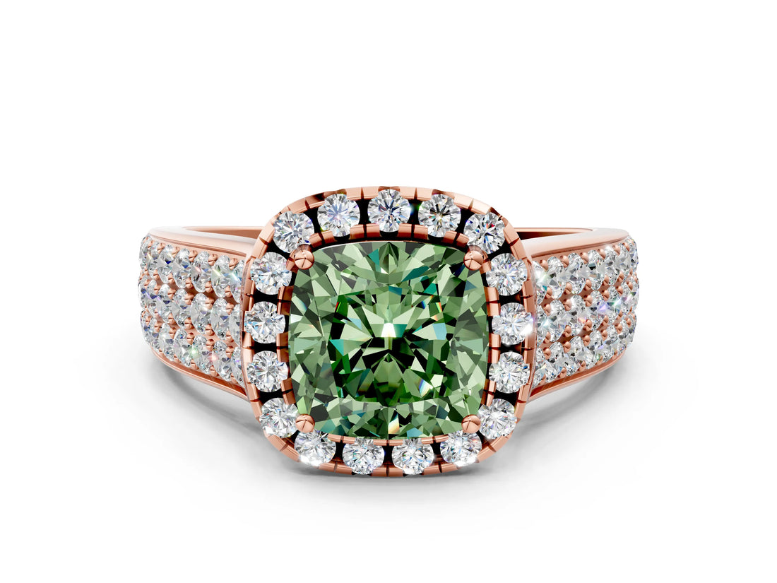 Rose gold Fancy Green Cushion  Halo Round Diamond Pave Band with Prong Setting_12