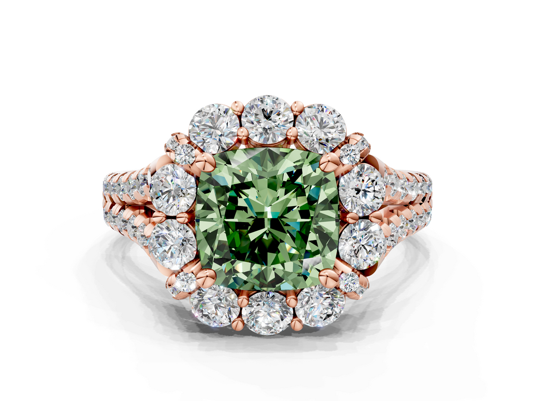 Rose gold Fancy Green Cushion  Halo Split Shank Diamond Engagement Ring with Pave Band and Four-Prong Setting_54