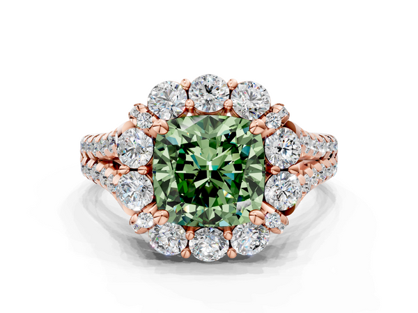 Rose gold Fancy Green Cushion  Halo Split Shank Diamond Engagement Ring with Pave Band and Four-Prong Setting