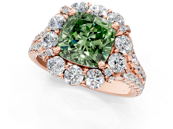 Rose gold Fancy Green Cushion  Halo Split Shank Diamond Engagement Ring with Pave Band and Four-Prong Setting