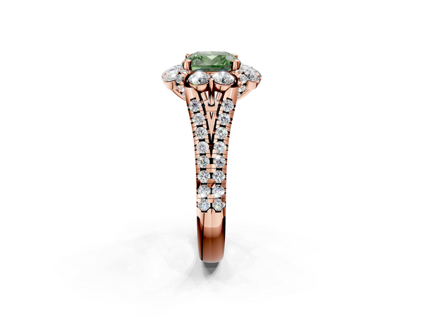Rose gold Fancy Green Cushion  Halo Split Shank Diamond Engagement Ring with Pave Band and Four-Prong Setting