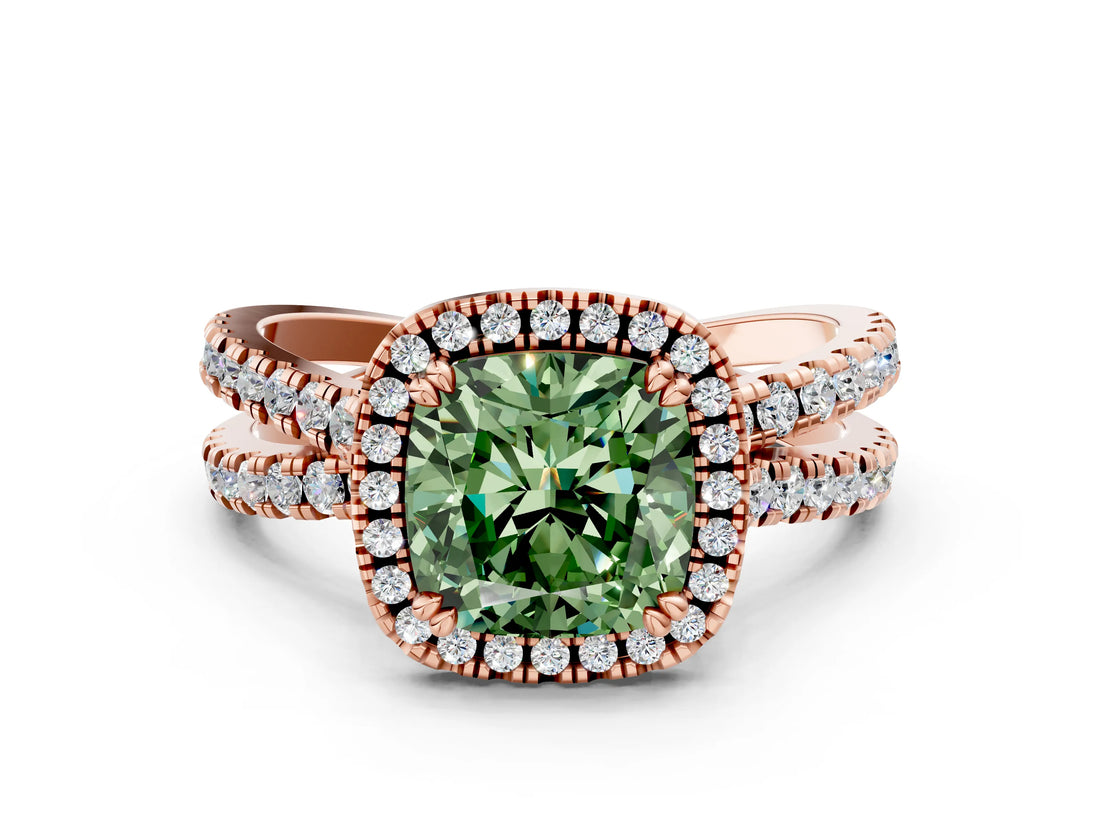 Rose gold Fancy Green Cushion  Halo Split Shank Diamond Ring with Pavé Setting_26