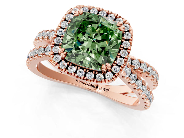 Rose gold Fancy Green Cushion  Halo Split Shank Diamond Ring with Pavé Setting