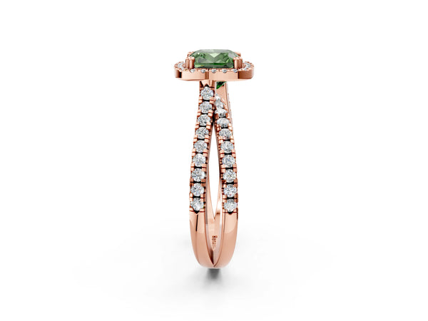 Rose gold Fancy Green Cushion  Halo Split Shank Diamond Ring with Pavé Setting