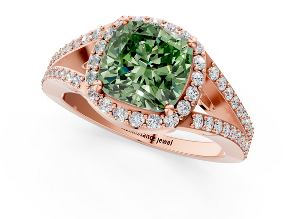 Rose gold Fancy Green Cushion  Halo Split Shank Diamond Ring with Prong Setting