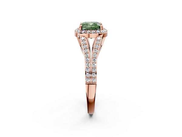 Rose gold Fancy Green Cushion  Halo Split Shank Diamond Ring with Prong Setting