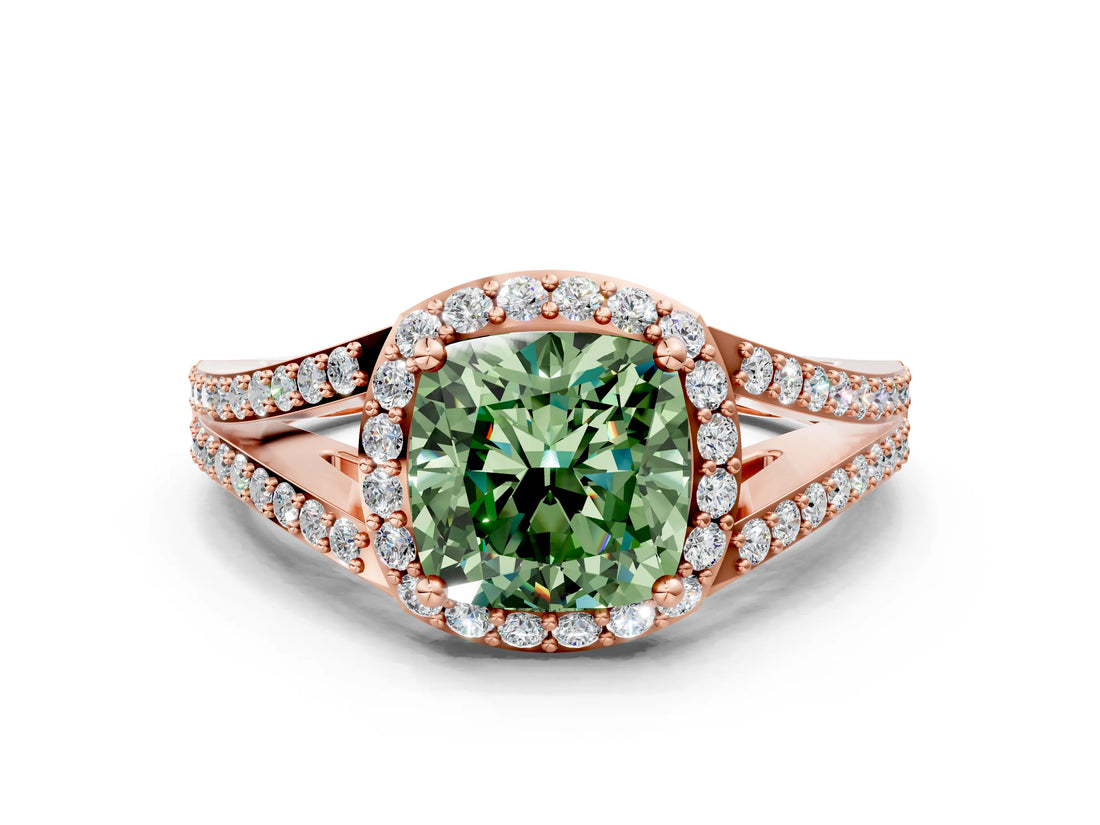 Rose gold Fancy Green Cushion  Halo Split Shank Pave Diamond Ring with Four-Prong Setting_48