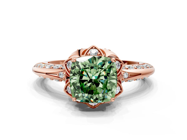 Rose gold Fancy Green Cushion  Halo Split Shank Pave Diamond Ring with Petal Prong Setting