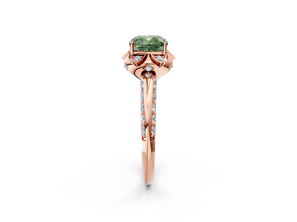 Rose gold Fancy Green Cushion  Halo Split Shank Pave Diamond Ring with Petal Prong Setting