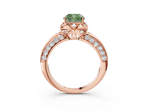 Rose gold Fancy Green Cushion  Halo Split Shank Pave Diamond Ring with Petal Prong Setting