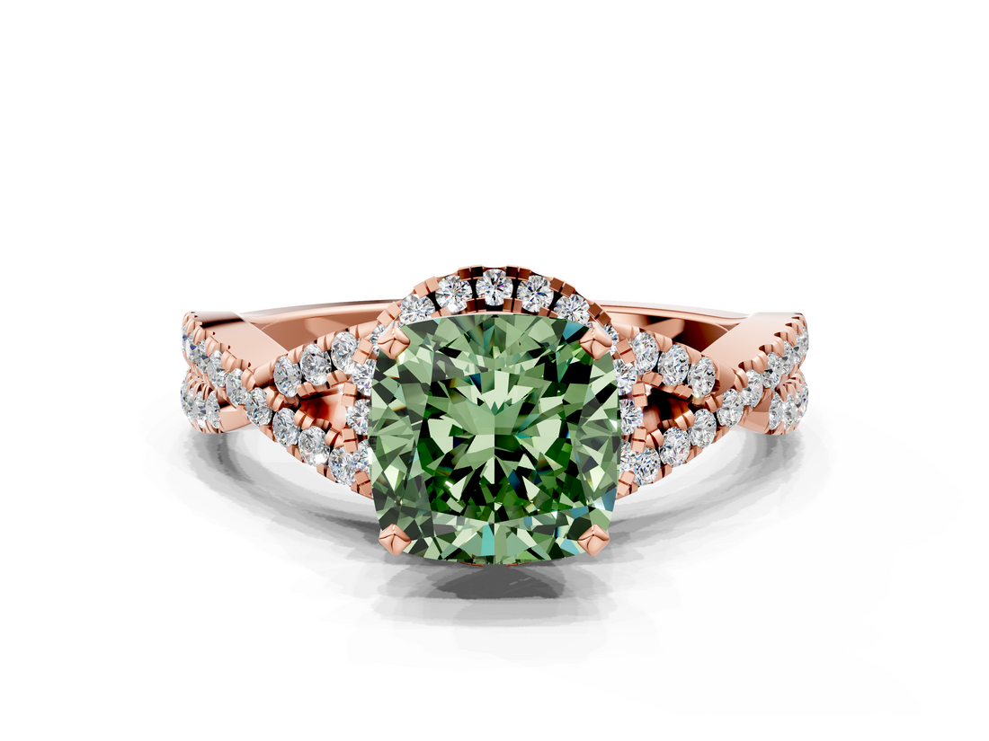 Rose gold Fancy Green Cushion  Halo Twist Band Solitaire Prong Setting Ring_87