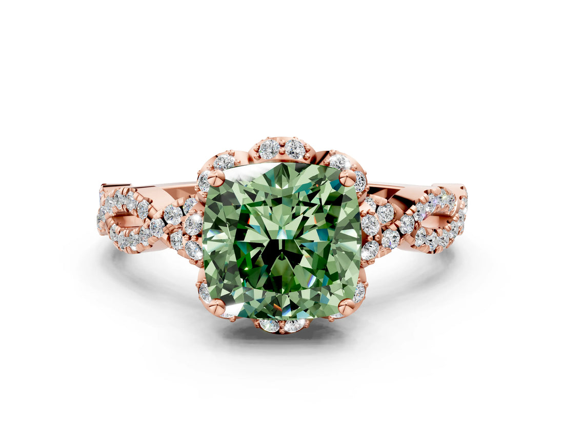 Rose gold Fancy Green Cushion  Halo Twist Band Solitaire Ring with Six-Prong Setting_31