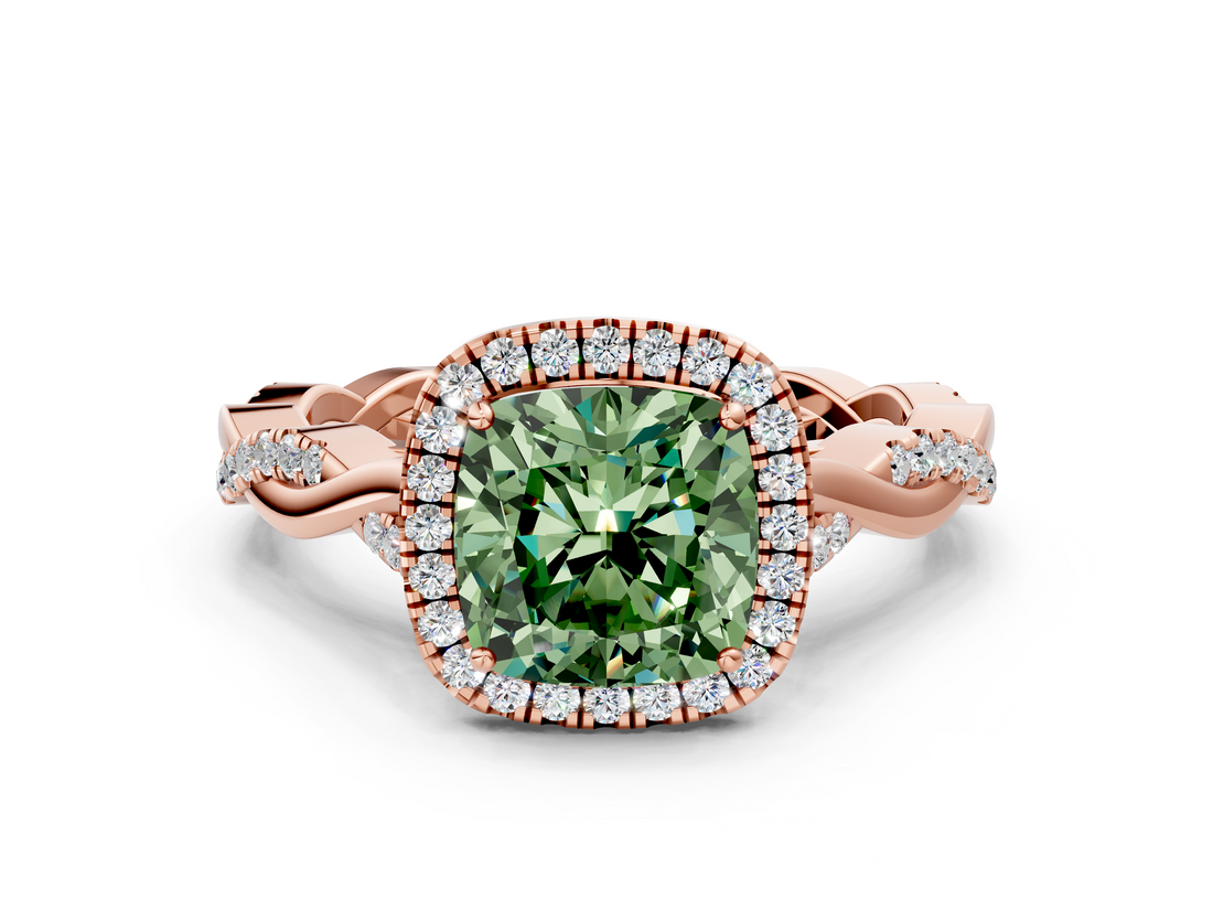 Rose gold Fancy Green Cushion  Halo Twist Band Solitaire Ring_20
