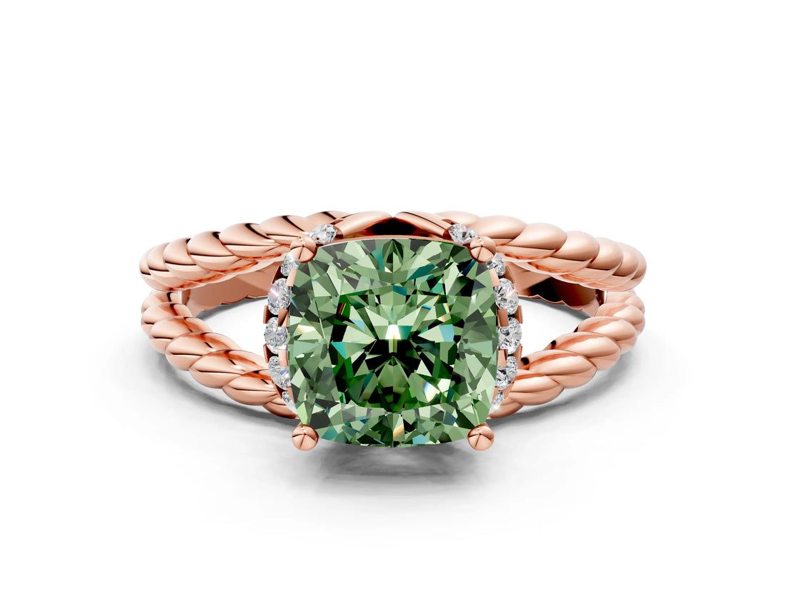 Rose gold Fancy Green Cushion  Halo Twisted Band Four-Prong Ring_32