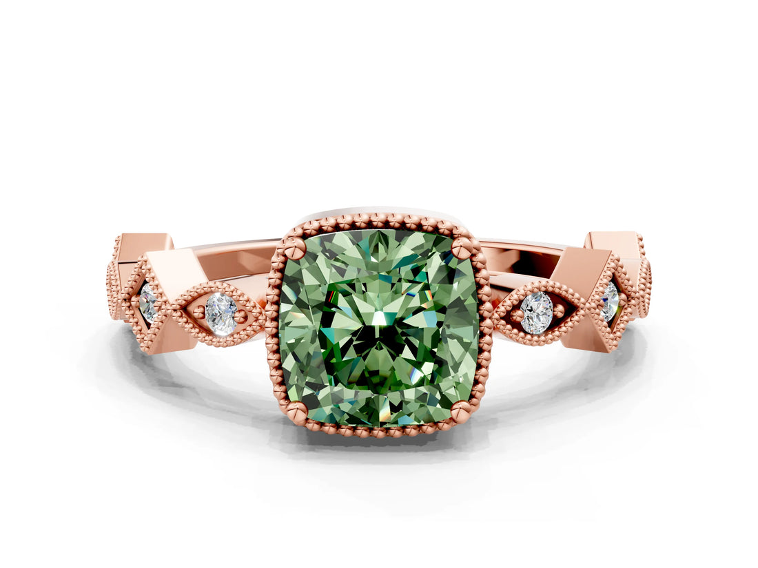 Rose gold Fancy Green Cushion  Milgrain Marquise Diamond Twist Band Ring_62