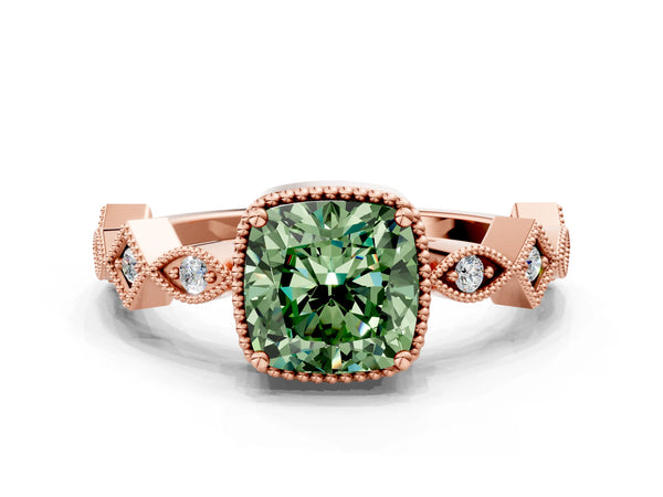 Rose gold Fancy Green Cushion  Milgrain Marquise Diamond Twist Band Ring