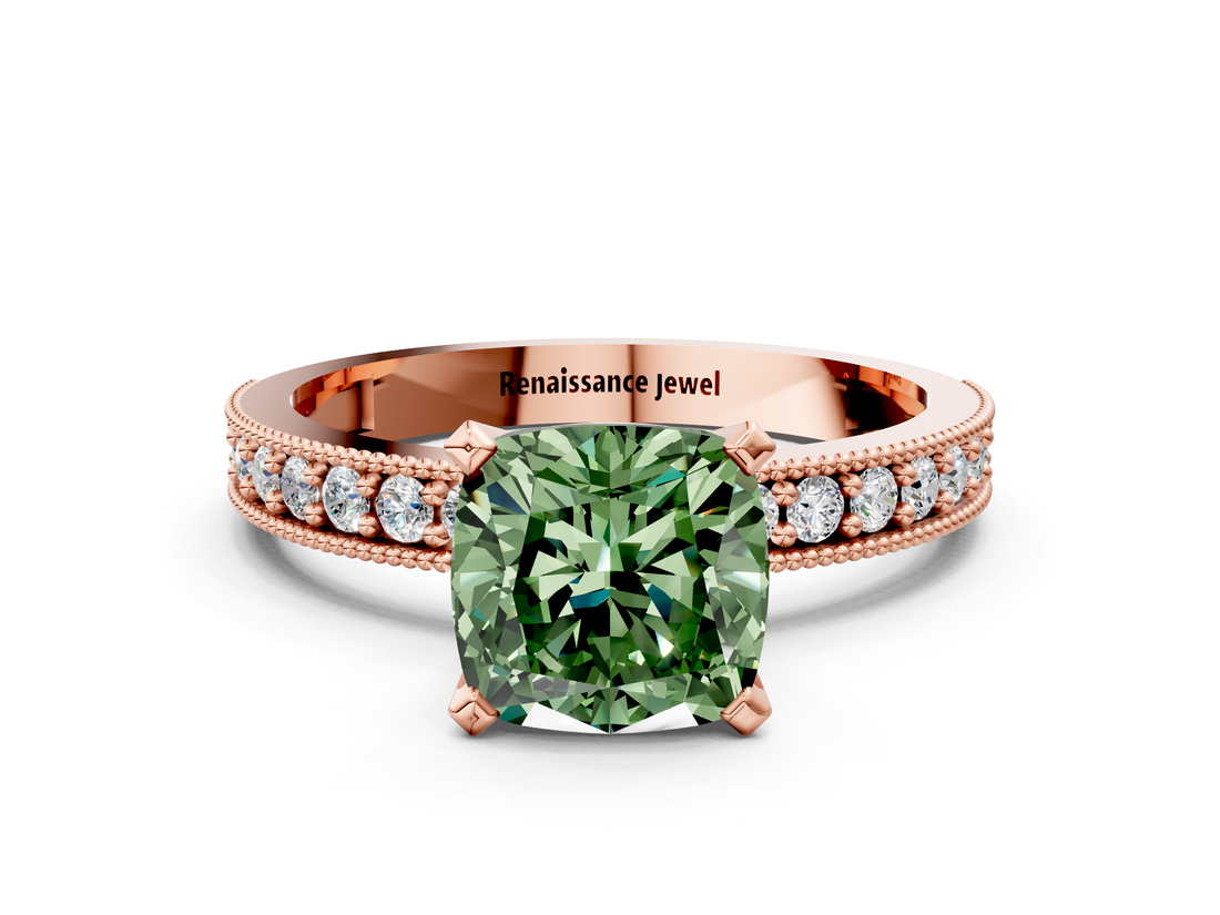 Rose gold Fancy Green Cushion  Milgrain Pave Diamond Engagement Ring with Four-Prong Setting_139