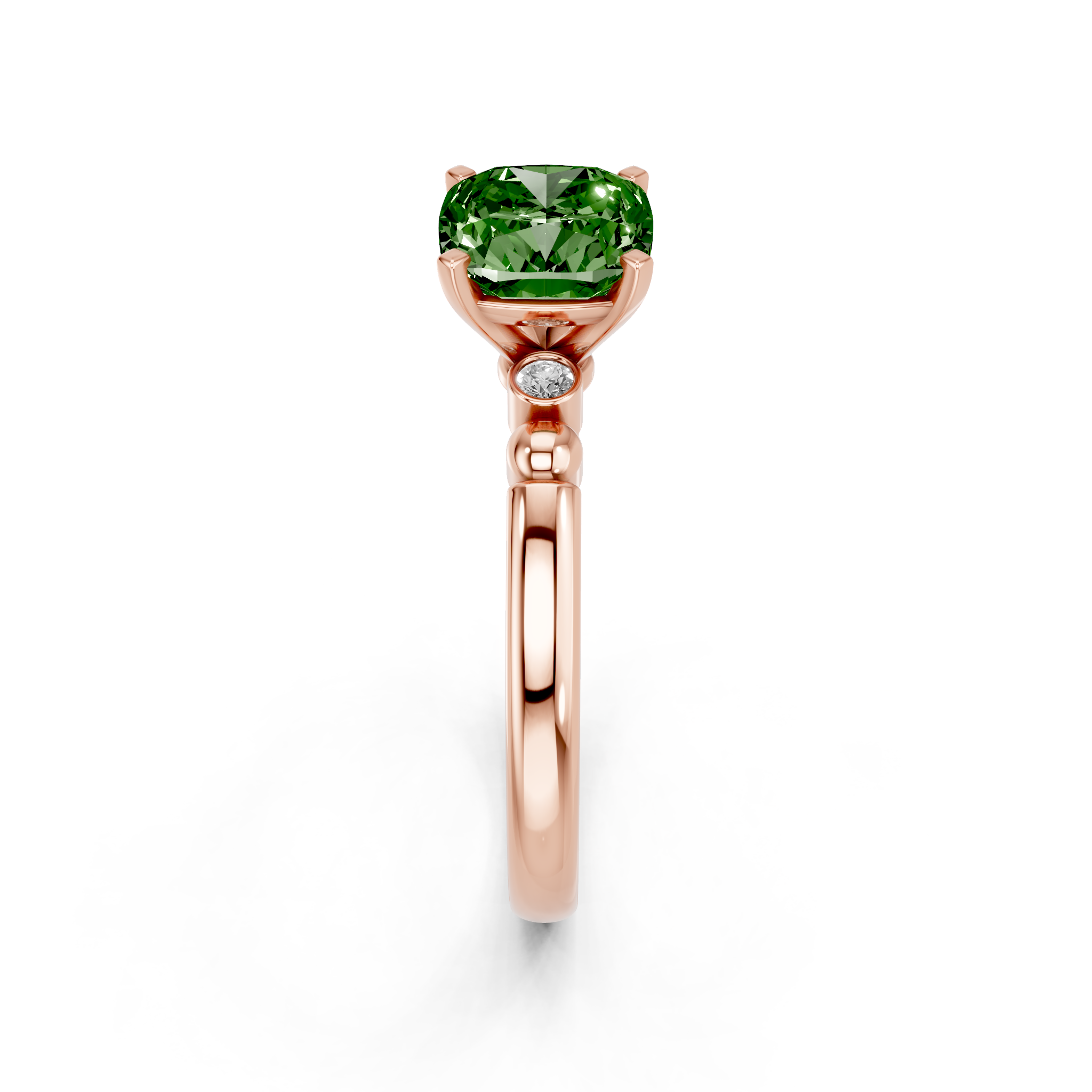 Rose gold Fancy Green Cushion  Solitaire Beaded Band with Four-Prong Setting_4