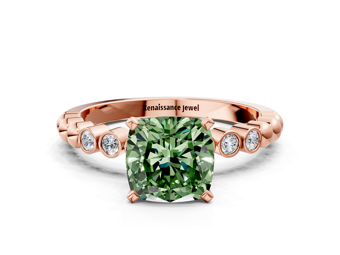 Rose gold Fancy Green Cushion  Solitaire Bezel Accent Diamond Engagement Ring with Beaded Band and Four-Prong Setting_43