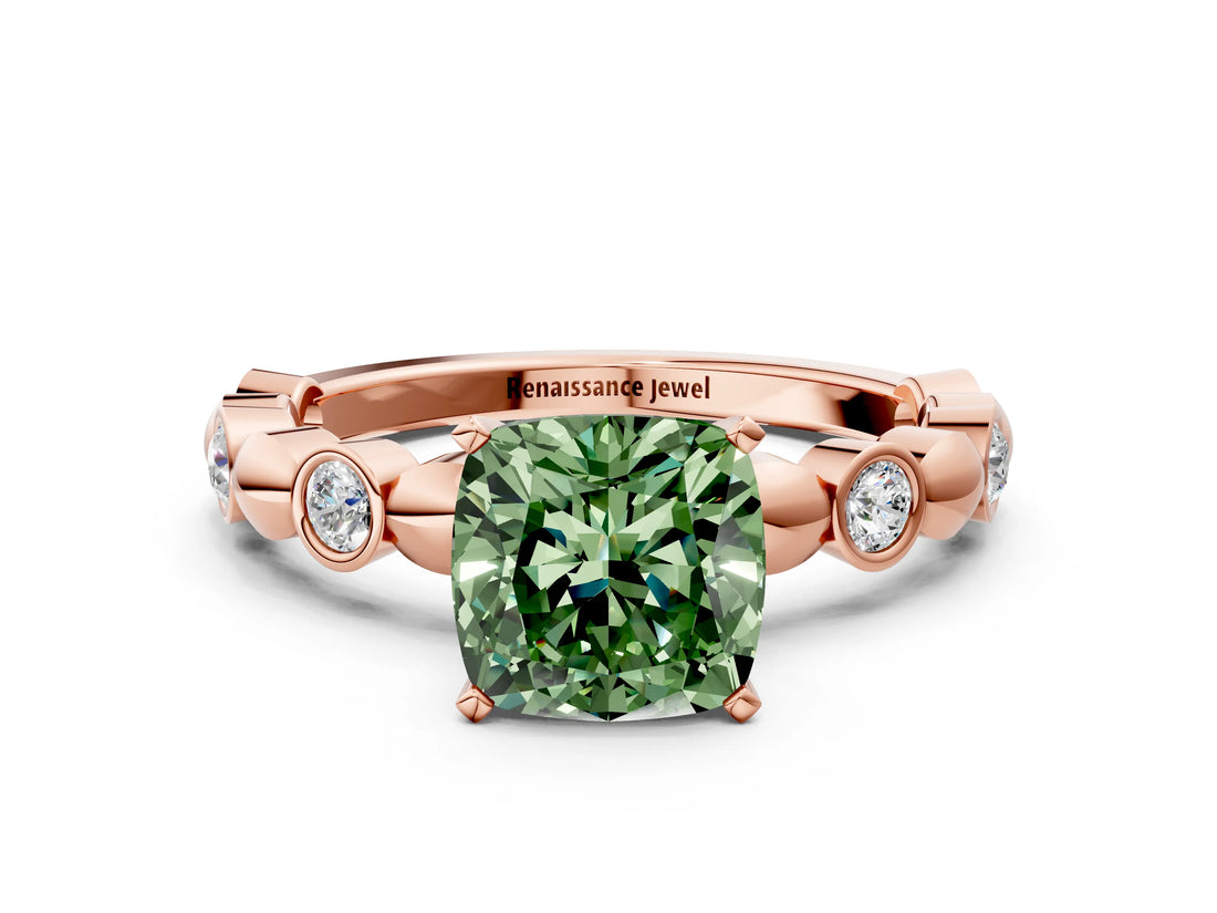 Rose gold Fancy Green Cushion  Solitaire Bezel-Set Diamond Ring with Beaded Band and Four-Prong Setting_32
