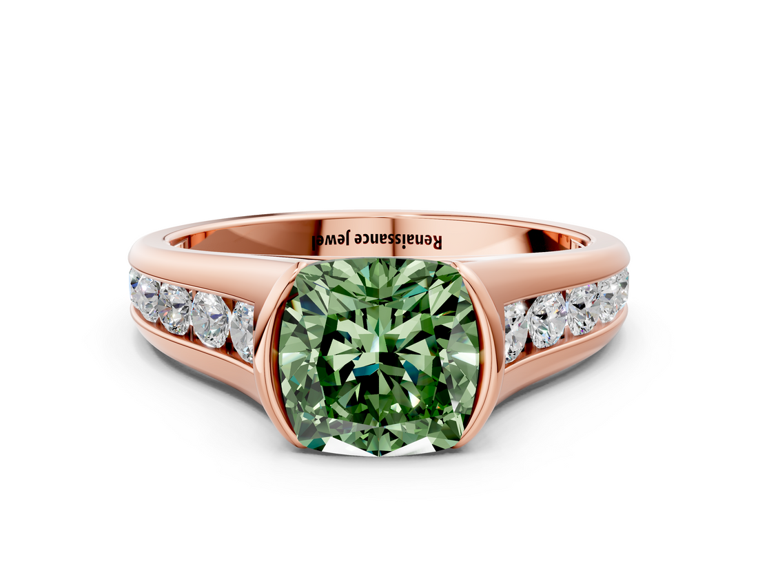 Rose gold Fancy Green Cushion  Solitaire Bezel-Set Diamond Ring with Channel-Set Band_37