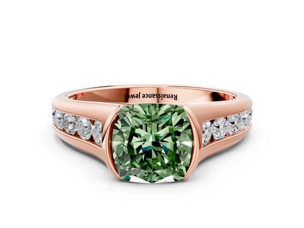 Rose Gold Cushion Cut Half Bezel Engagement Ring Setting for Fancy Green Center