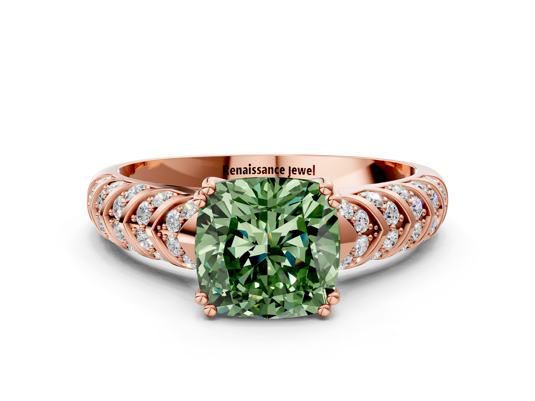 Rose gold Fancy Green Cushion  Solitaire Chevron Pave Diamond Engagement Ring with Six-Prong Setting_3