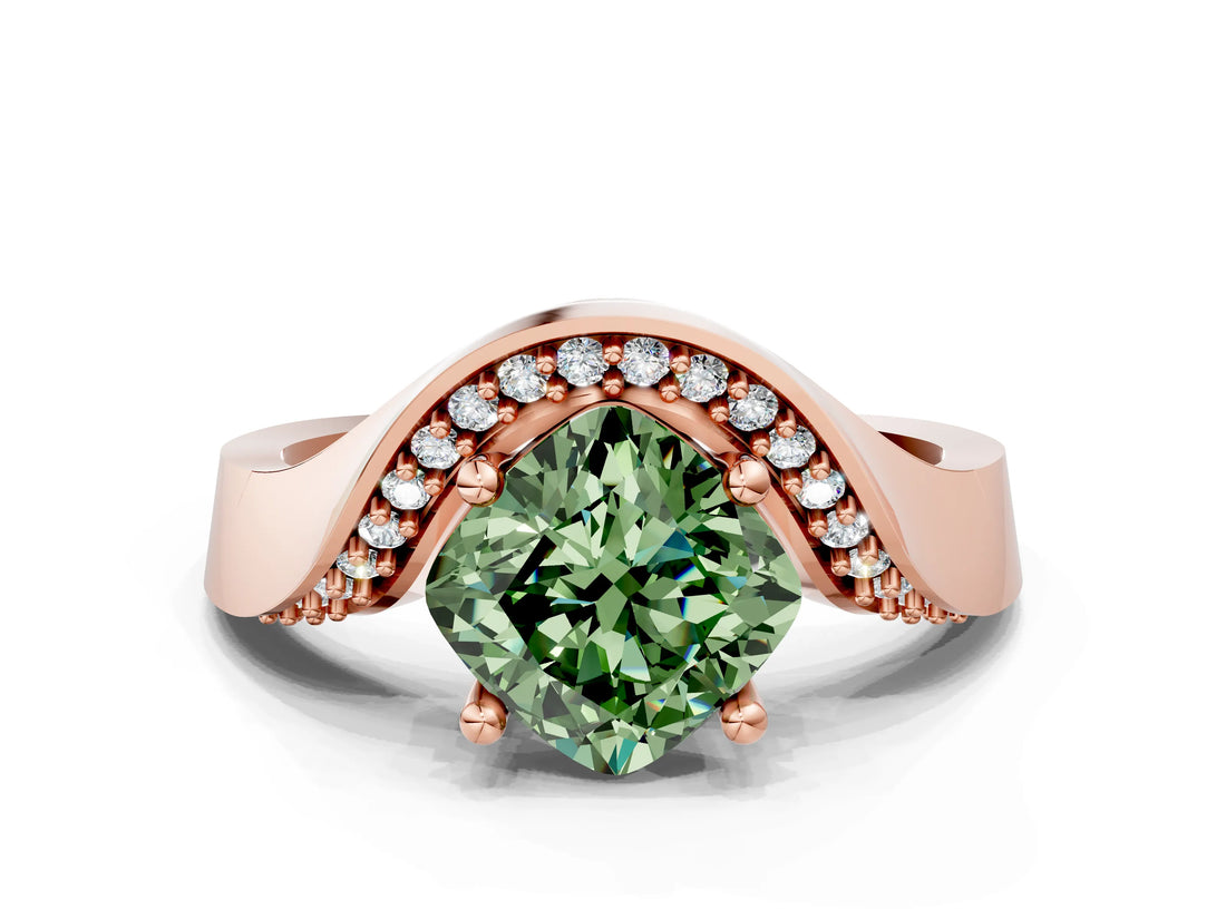 Rose gold Fancy Green Cushion  Solitaire Diamond Engagement Ring with Pave Band and Four-Prong Setting_26