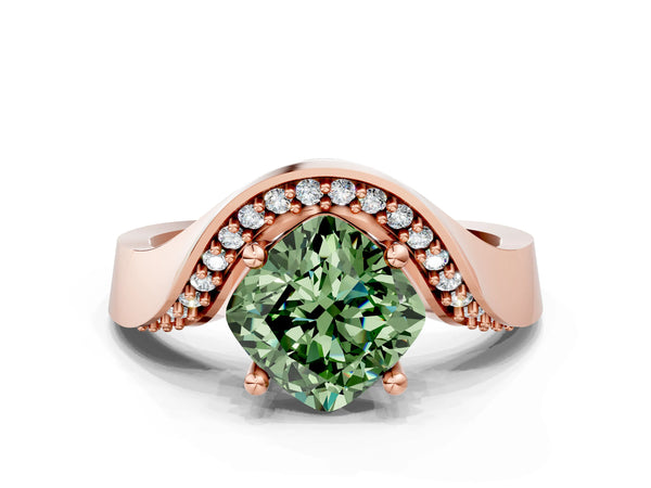 Rose gold Fancy Green Cushion  Solitaire Diamond Engagement Ring with Pave Band and Four-Prong Setting