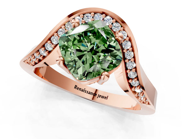 Rose gold Fancy Green Cushion  Solitaire Diamond Engagement Ring with Pave Band and Four-Prong Setting
