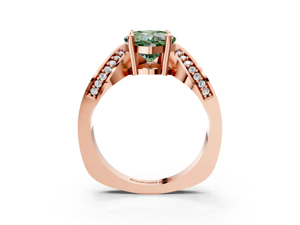 Rose gold Fancy Green Cushion  Solitaire Diamond Engagement Ring with Pave Band and Four-Prong Setting