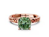 Rose gold Fancy Green Cushion  Solitaire Diamond Engagement Ring with XO Engraved Band and Four-Prong Setting