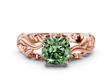 Rose gold Fancy Green Cushion  Solitaire Diamond Leaf Vine Band with Prong Setting_62