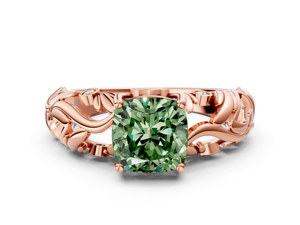 Rose gold Fancy Green Cushion Cut Solitaire Diamond Leaf-Inspired Vine Band Ring with Prong Setting
