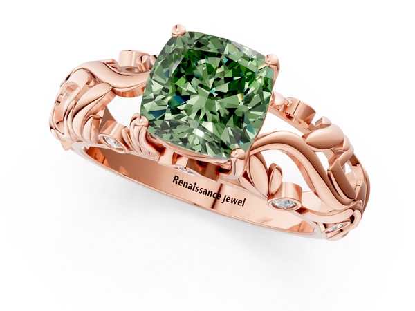 Rose gold Fancy Green Cushion Cut Solitaire Diamond Leaf-Inspired Vine Band Ring with Prong Setting