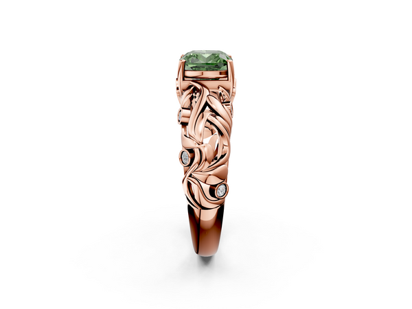 Rose gold Fancy Green Cushion Cut Solitaire Diamond Leaf-Inspired Vine Band Ring with Prong Setting