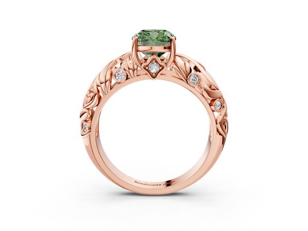 Rose gold Fancy Green Cushion Cut Solitaire Diamond Leaf-Inspired Vine Band Ring with Prong Setting