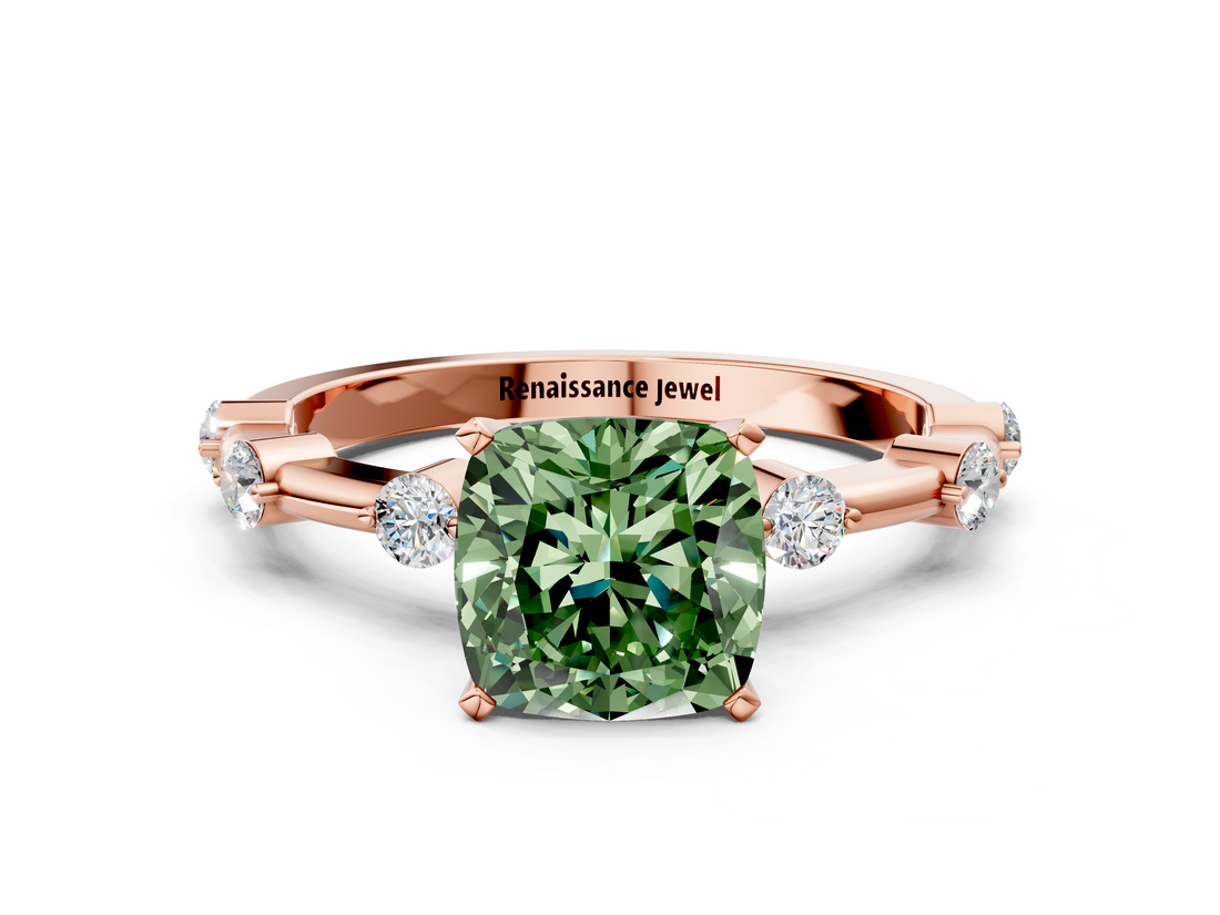 Rose gold Fancy Green Cushion  Solitaire Diamond Ring with Bezel Set Side Stones and Prong Setting_3
