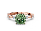Rose gold Fancy Green Cushion  Solitaire Diamond Ring with Bezel Set Side Stones and Prong Setting_3